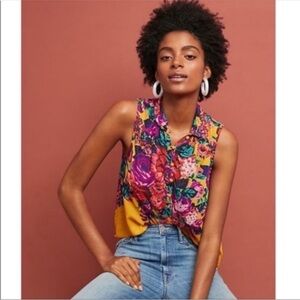 Meadow Rue Anthropologie Cecilia Floral Sleeveless Blouse Size XL